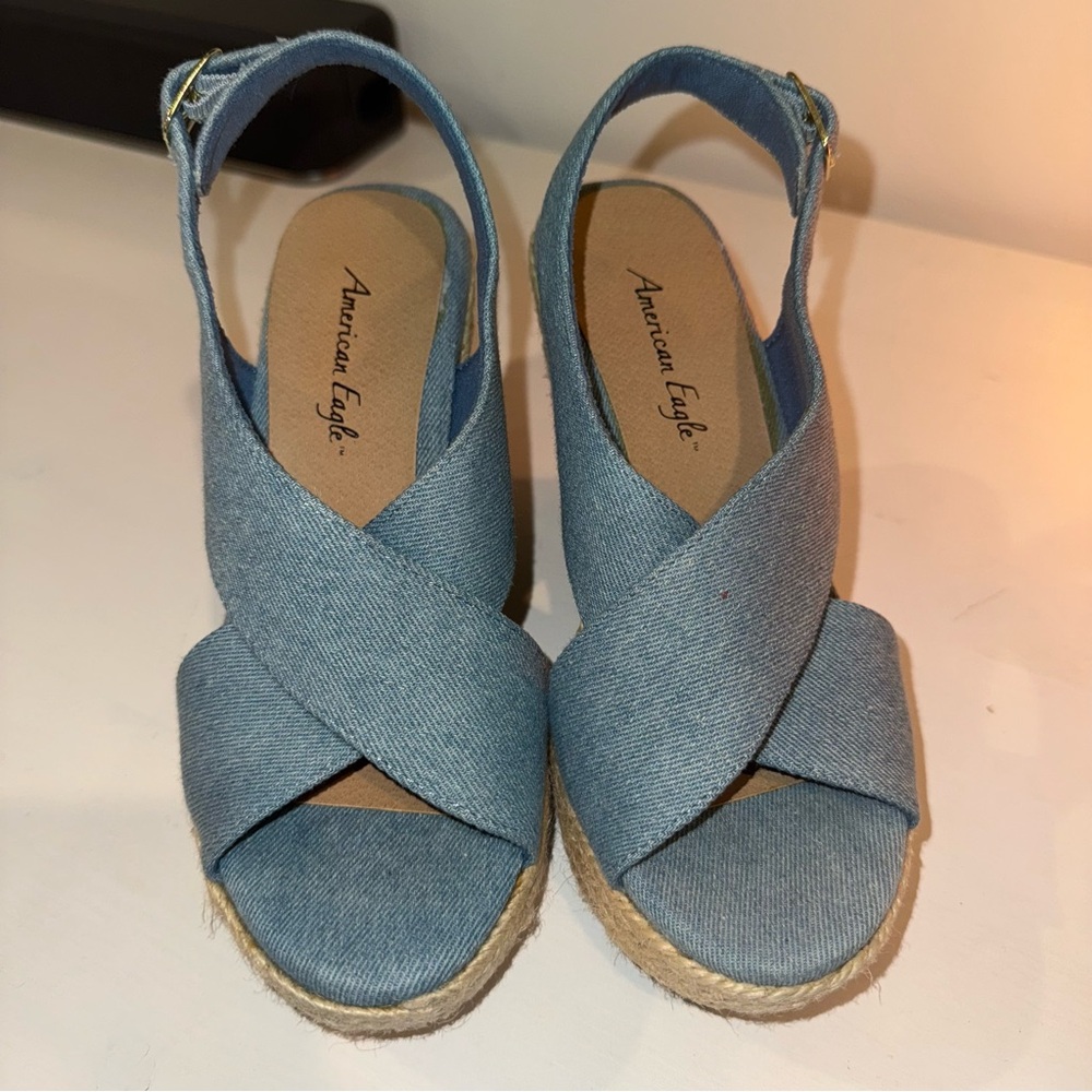 American Eagle Outfitters Blue Wedges with Crossover Straps